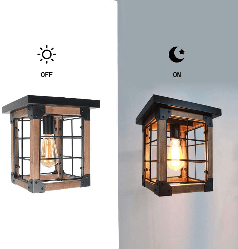 Beuhouz Small Square Farmhouse Flush Mount Ceiling Lighting, 1-Light Black Metal and Wood Rustic Ceiling Light Fixture Industrial Mini Close to Ceiling Wire Cage Light Edison E26 8057