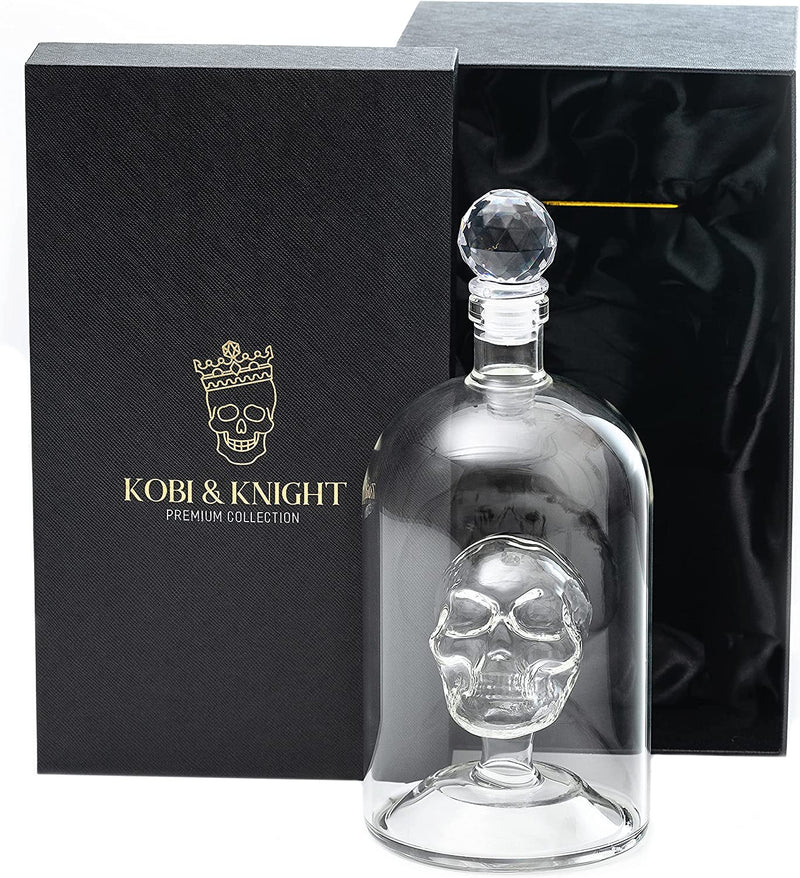 Kobi & Knight Premium Skull Decanter - Handmade Skull Whiskey Decanter with Airtight Stopper - Borosilicate Glass Skull Decanter - Thick Vodka, Rum, Gin, Tequila Bottle - 25Fl Oz / 750Ml Skull Barware