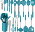 Homikit 17 Pieces Silicone Kitchen Utensils with Holder, Blue Cooking Utensils Sets Stainless Steel Handle, Nonstick Kitchen Tools Include Spatula Spoons Turner Pizza Cutter, Heat Resistant