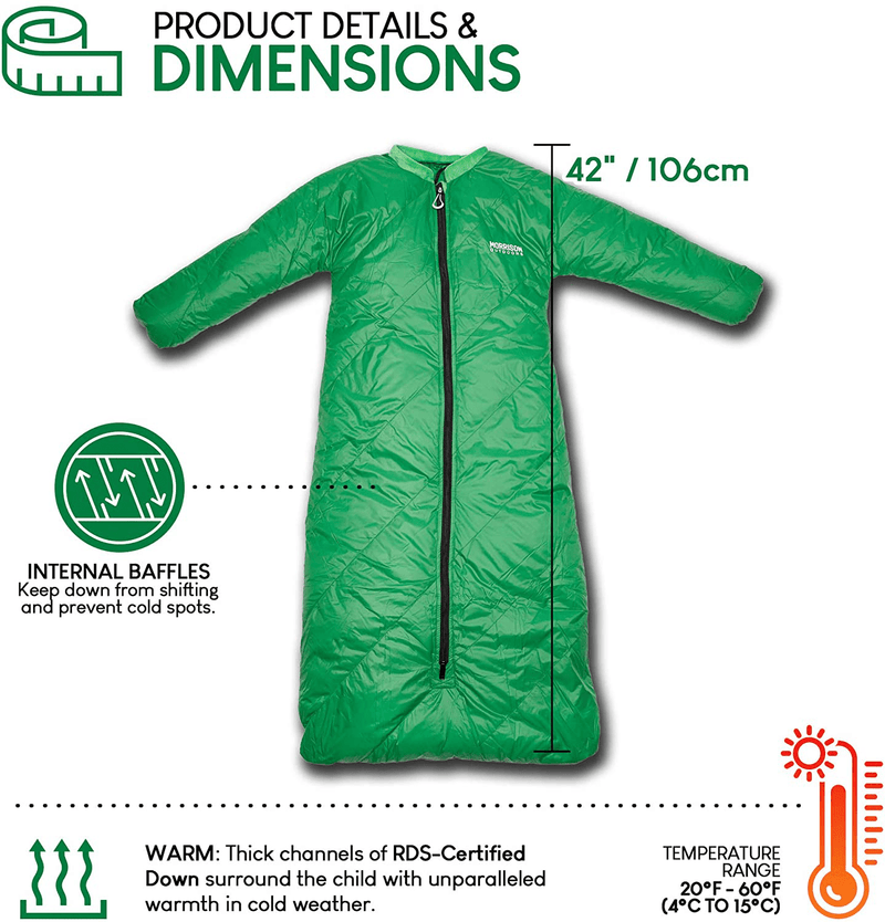 Big Mo 20 Kids Sleeping Bag (Ages 2-4), Moss Green, the Lightest, Warmest down Camping Sleeping Bag for Kids Age 2-4 Years Old. 100% Rds-Certified down for Max Warmth and Minimal Weight.