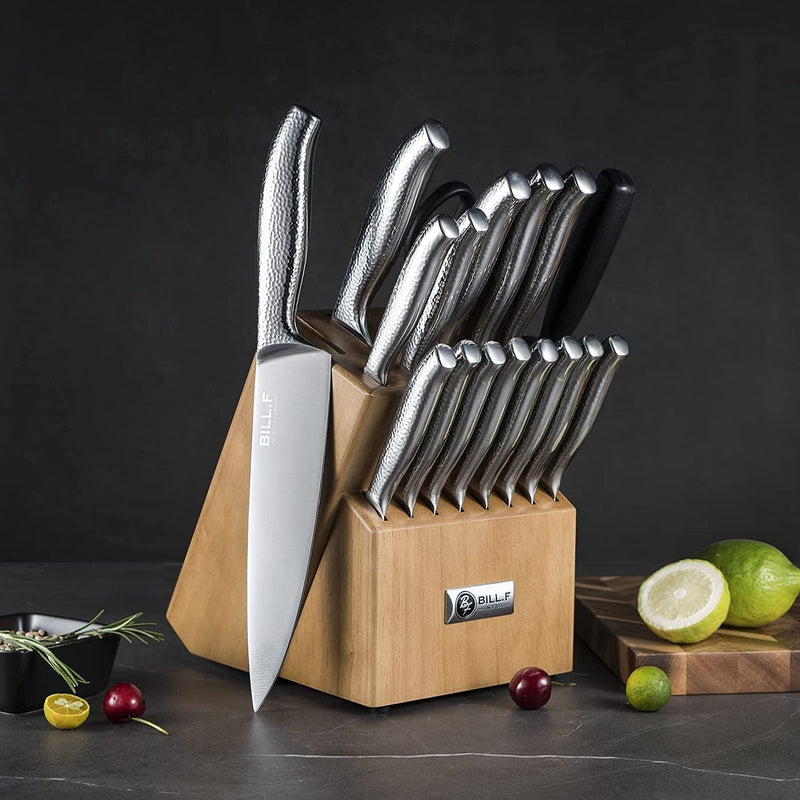 BILL.F Kitchen Knife Set,18 Pieces Stainless Steel Sharp Kitchen Knife Block Sets with Sharpener Includes Serrated Steak Knives Set,Chef Knives,Bread Knife, Scissor,Wooden Block,All in One Knife Set