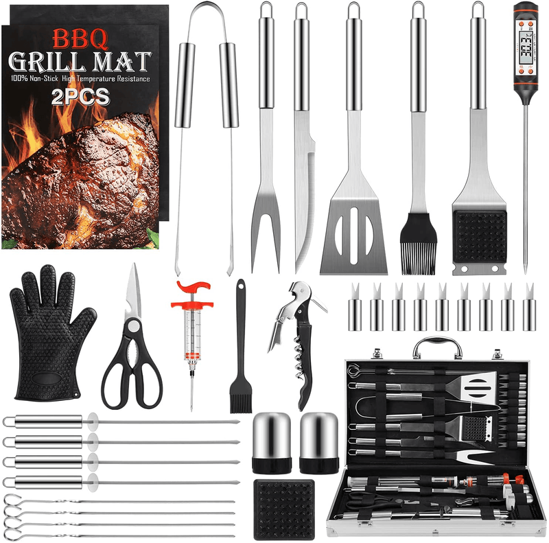 Birald Grill Set BBQ Tools Grilling Tools Set Gifts for Men, 34PCS Stainless Steel Grill Accessories with Aluminum Case,Thermometer, Grill Mats for Camping/Backyard Barbecue,Grill Utensils Set for Dad