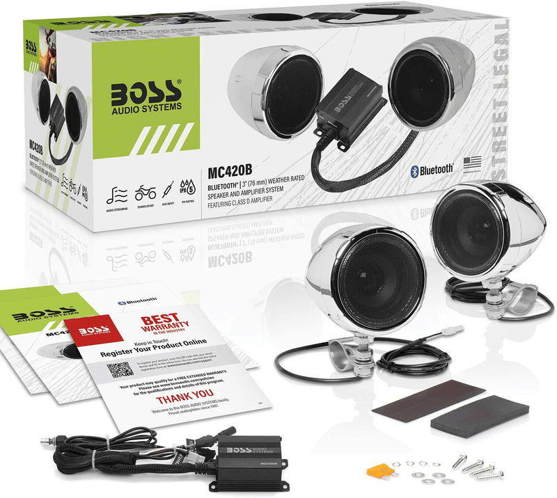 BOSS Audio Systems MC420B Motorcycle Speaker System – Class D Compact Amplifier, 3 Inch Weatherproof Speakers, Volume Control, Great for ATVs, Motorcycles and All 12 Volt Vehicles