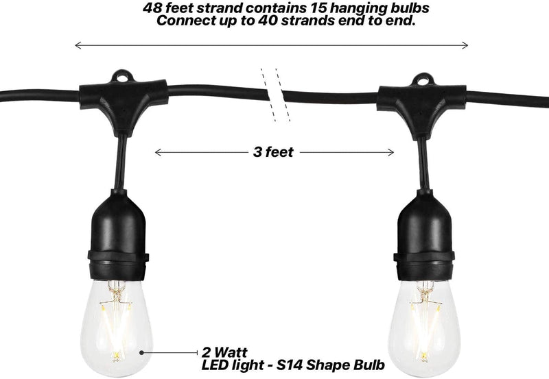 Brightech Ambience Pro Outdoor String Lights - Commercial Grade Waterproof Patio Lights with 48 Ft Dimmable Edison Bulbs - Heavy Duty LED Porch String Lights - 2W LED, Warm White Light