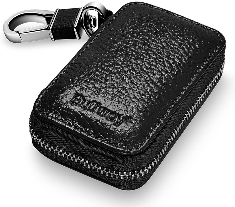 Buffway Car Key case,Genuine Leather Car Smart Key Chain Keychain Holder Metal Hook and Keyring Zipper Bag for Remote Key Fob - Black