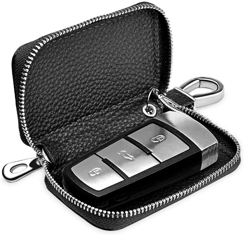 Buffway Car Key case,Genuine Leather Car Smart Key Chain Keychain Holder Metal Hook and Keyring Zipper Bag for Remote Key Fob - Black