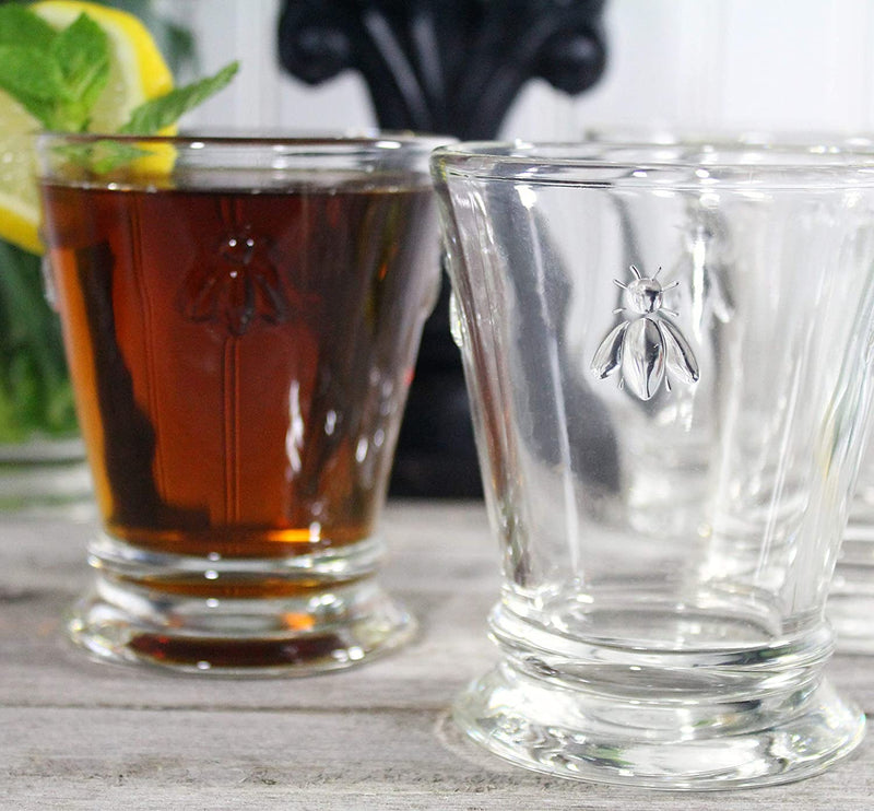 Napoleon Bee Tumblers Set of 6 - 9 Oz - Clear Glass Tumbler W/ the French Bee Embossed Design - Fine French Glassware, Drinking Glasses, Heavy Water Glasses, Dishwasher Safe Juice Glasses