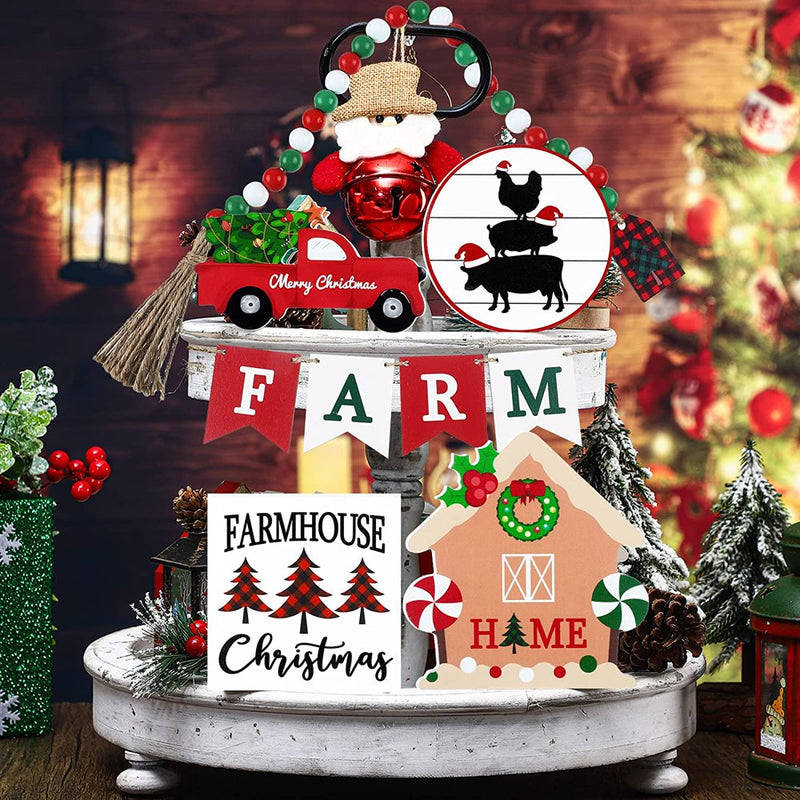 Husfou Christmas Tiered Tray Decorations Kit, Farmhouse Wooden Tabletop Centerpieces Signs Decor for Xmas Home Holiday Party Supplies