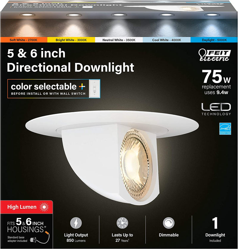 Feit Electric 5-6 Inch Adjustable Recessed LED Downlight - Selectable Color: Soft White, Cool White and Daylight - Pre-Mounted Trim - 50W Equivalent - 45 Year Life - 540 Lumen - High CRI