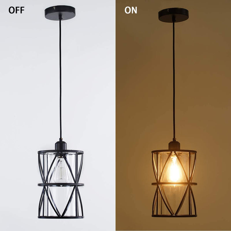 SHENGQINGTOP Black Industrial Metal Pendant Light, Cylindrical Pendant Light with Clear Glass Shade, New Transitional Hanging Lighting Fixture for Kitchen Island Counter Dining Room Bedroom Restaurant