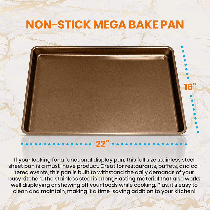 Nonstick Cookie Sheet Baking Pan - Metal Oven Large Baking Tray, Professional Quality Kitchen Cooking Non-Stick Mega Pan Bake Trays - Stylish Metallic Coating, PFOA PFOS PTFE Free - Nutrichef NCLG1GD