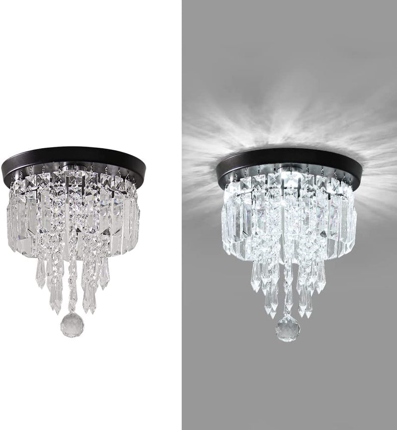 Modern Mini Crystal Chandelier LED Ceiling Lamp 4-Lights Flush Mount Pendant Light Fixture for Bedroom Hallway Kitchen Staircase (Black, Cold White)