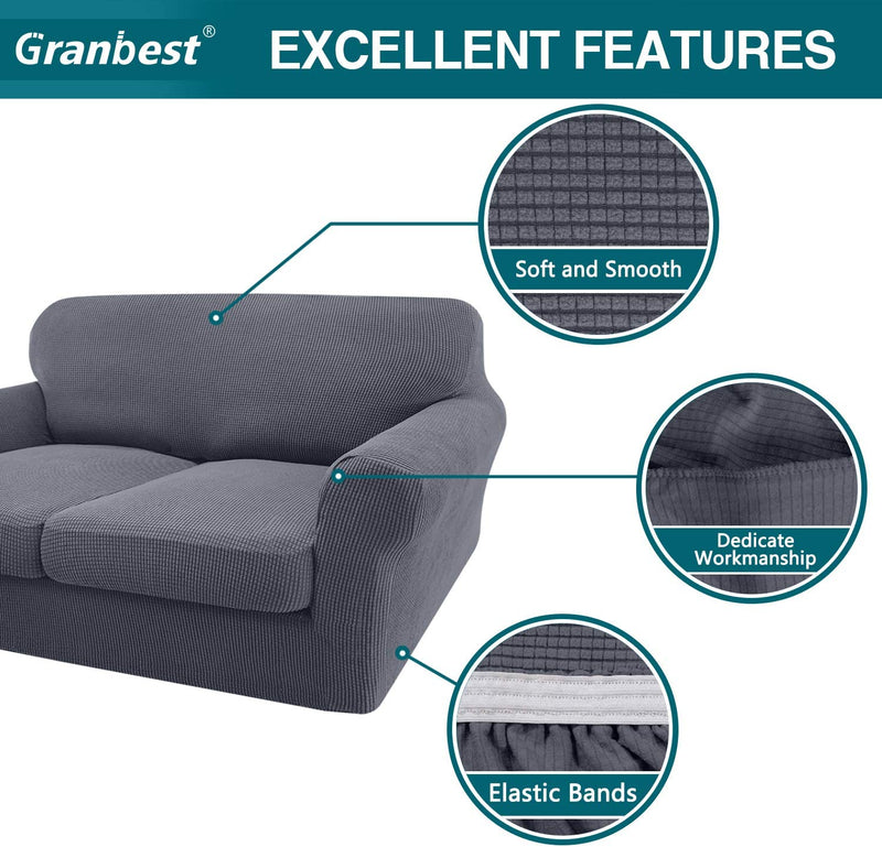 Granbest 3 Piece High Stretch Couch Covers Loveseat Slipcover Super Soft Sofa Cover Form Fit Non-Slip Furniture Protector with Individual Cushion Covers (Medium, Gray)