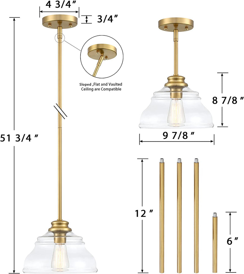 MEXO Industrial Pendant Lighting Fixture Clear Glass Shade Pendant Farmhouse 10" Close to Ceiling Lights Brushed Gold Hanging Chandelier for Hallway Bedroom, Kitchen Entryway