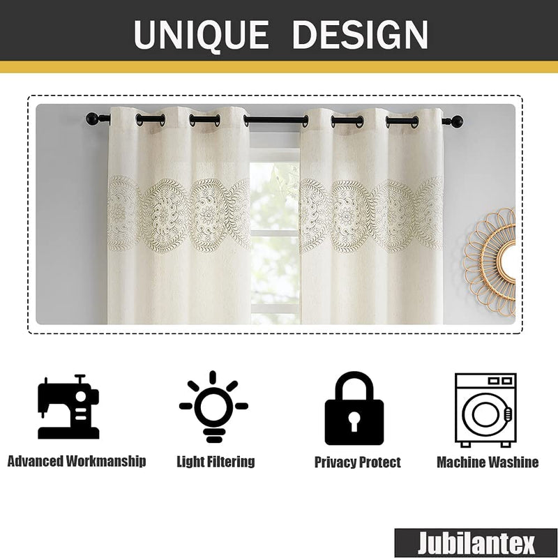 Jubilantex Natural Linen Embroidered Window Curtains 2 Panels, Farmhouse Tan Floral Medallion Pattern Embroidery Grommet Top Rustic Window Drapes for Living Room Bedroom, 42X84 Inch