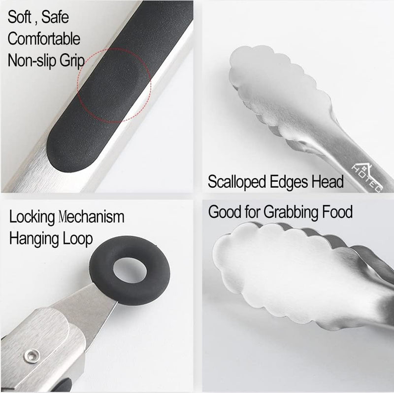 HOTEC Stainless Steel Kitchen Tongs Set of 2-9 Inch, Locking Metal Food Tongs Non-Slip Grip (Black)