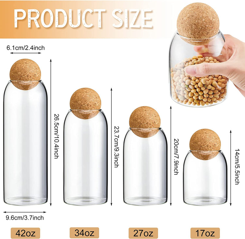 Potchen 8 Packs Glass Storage Bottle Sealed Jar with Cork Ball Wood Lid Glass Canisters Sugar Candy Coffee Container for Kitchen Food 17Oz 27Oz 34Oz 42Oz