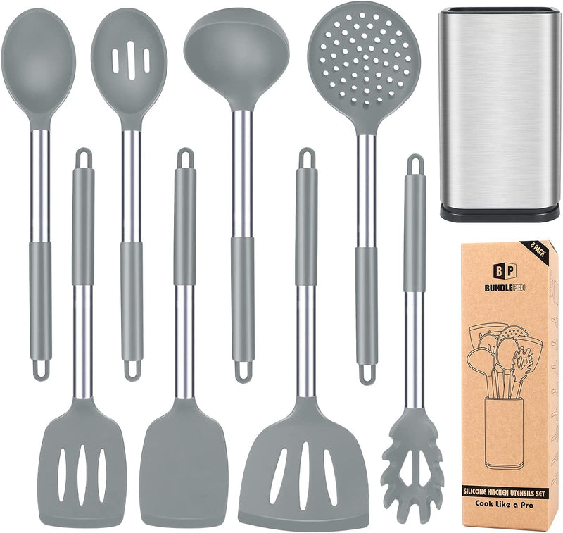 Silicone Cooking Utensil Set, 8Pcs Non-Stick Cookware with Stainless Steel Handle, BPA Free Heat Resistant Kitchen Tools with Spatulas, Turners, Spoons, Skimmer and Pasta Fork