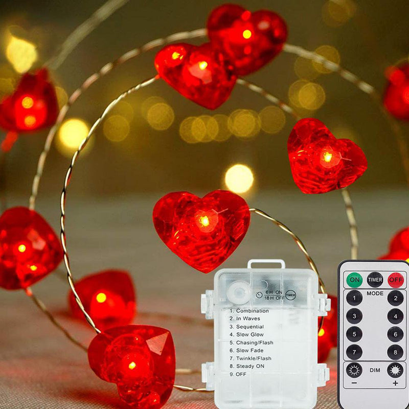 MINOCOOL 10 Ft 30 LED Outdoor String Lights Valentine'S Day Red Heart Mini String Lights with 8 Modes IP44 Waterproof Battery Operated String Lights Valentine'S Day Decoration Cute