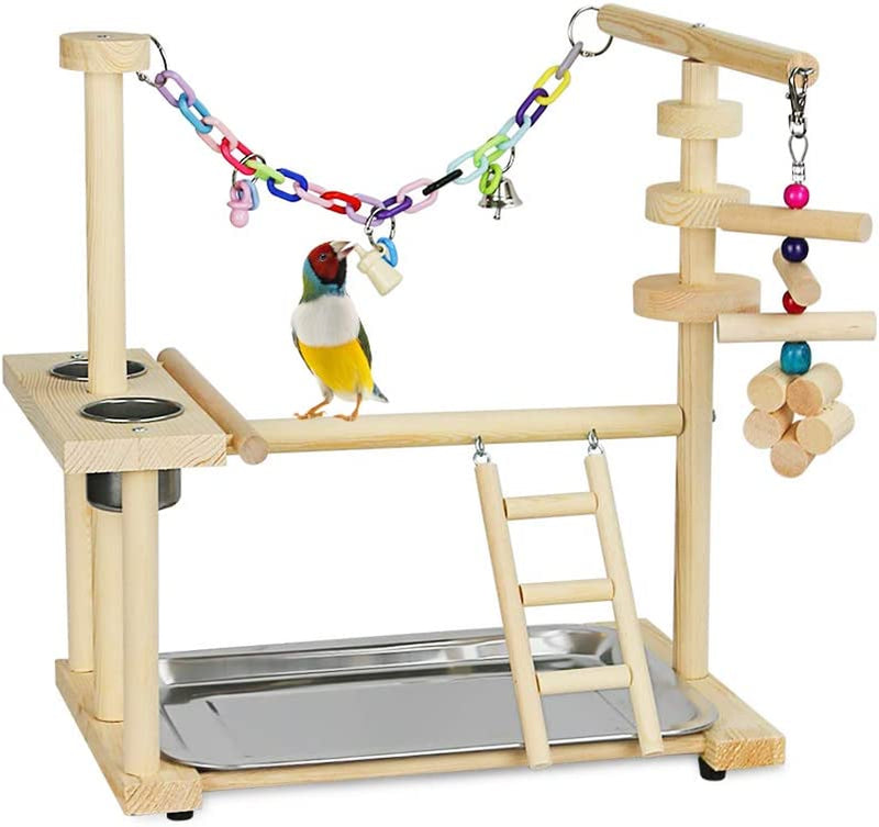 Olpchee Bird Playground Parrot Playstand Bird Play Stand Wood Perch Gym Playpen Ladder with Feeder Cups Toys for Cockatiel Parakeet - Include Tray