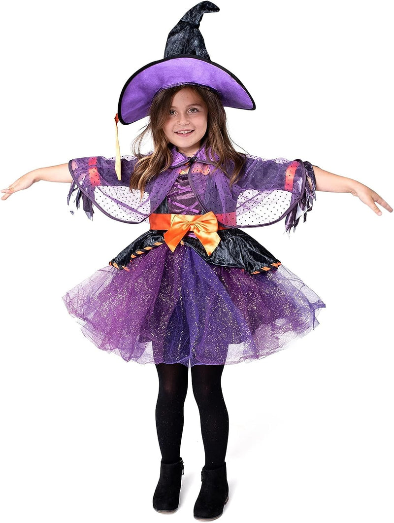 Spooktacular Creations Child Girl Orange Purple Witch Costume with Broom for Girls Halloween Dress up (Toddler (3-4Yr))