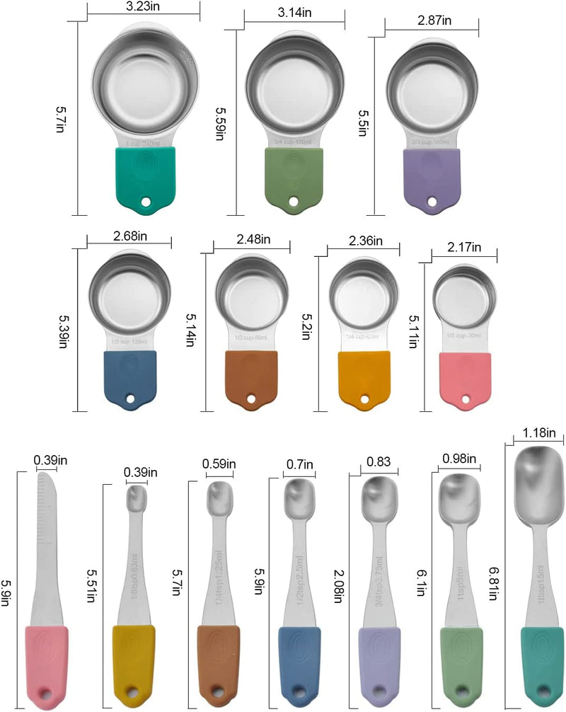 Magnetic Measuring Cups and Spoons Set, Stainless Steel Metal Stackable Nesting Measure Cups,Teaspoon, Tablespoon, 14 Pcs Silicone Handle Kitchen Cooking & Baking Tools, 7 Cups & 6 Spoons &1 Leveler