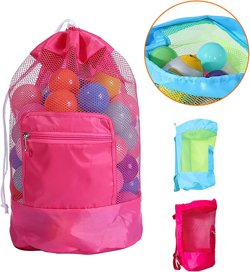 Beach Game Bag Foldable Drawnet Eye Bag, Multi Purpose Backpack Beach Toy Storage Large Mesh Ball Bag Waterproof Equipment Duffel Bag Heavy Duty Net Ball Shoulder Travel Outdoor (Hot Pink)