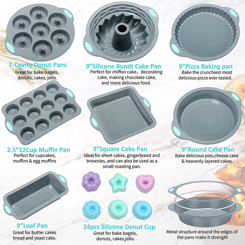 To Encounter 31 Pieces Silicone Baking Pans Set, Nonstick Bakeware Sets, BPA Free Silicone Molds with Metal Reinforced Frame More Strength, Light Grey