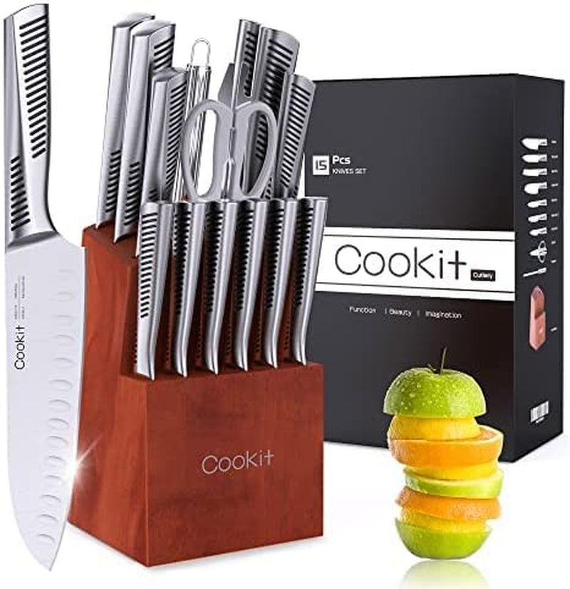Kitchen Knife Sets, Cookit 15 Piece Knife Sets with Block for Kitchen Chef Knife Stainless Steel Knives Set Serrated Steak Knives with Manual Sharpener Knife