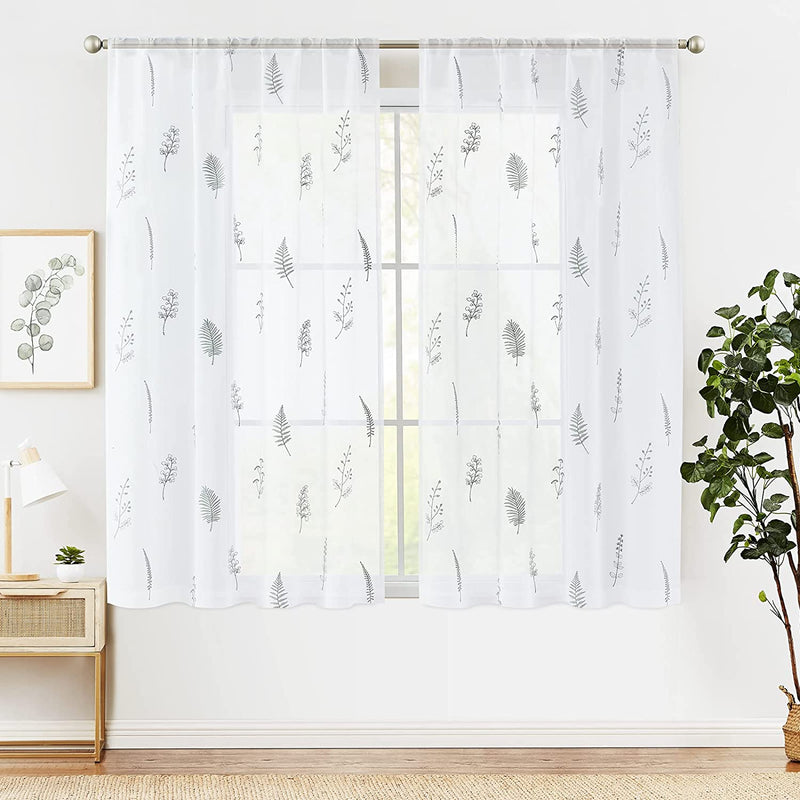 JINCHAN Sheer Embroidered Curtains for Living Room 84 Inch Length 2 Panels Leaf Pattern Voile for Bedroom Botanical Design Rod Pocket Top Window Treatments Sheers for Kitchen White on Taupe