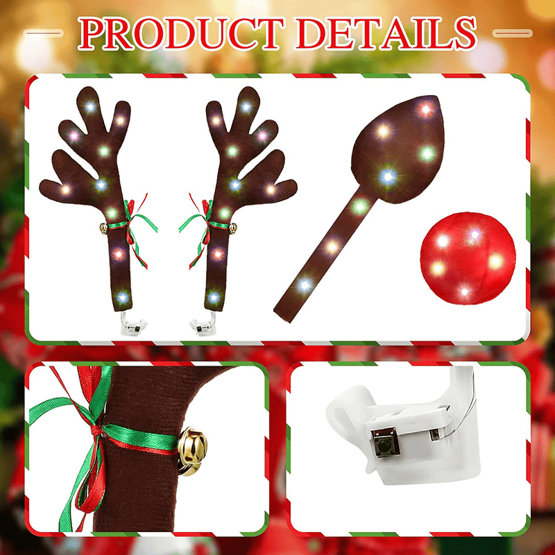 Christmas Car Antler with LED Light, Reindeer Christmas Antlers Car Kit with LED Lights, Reindeer Car Kit Antlers, Nose, Tail, Top & Grille Rudolph Reindeer Jingle Bell Christmas Decorations for Car
