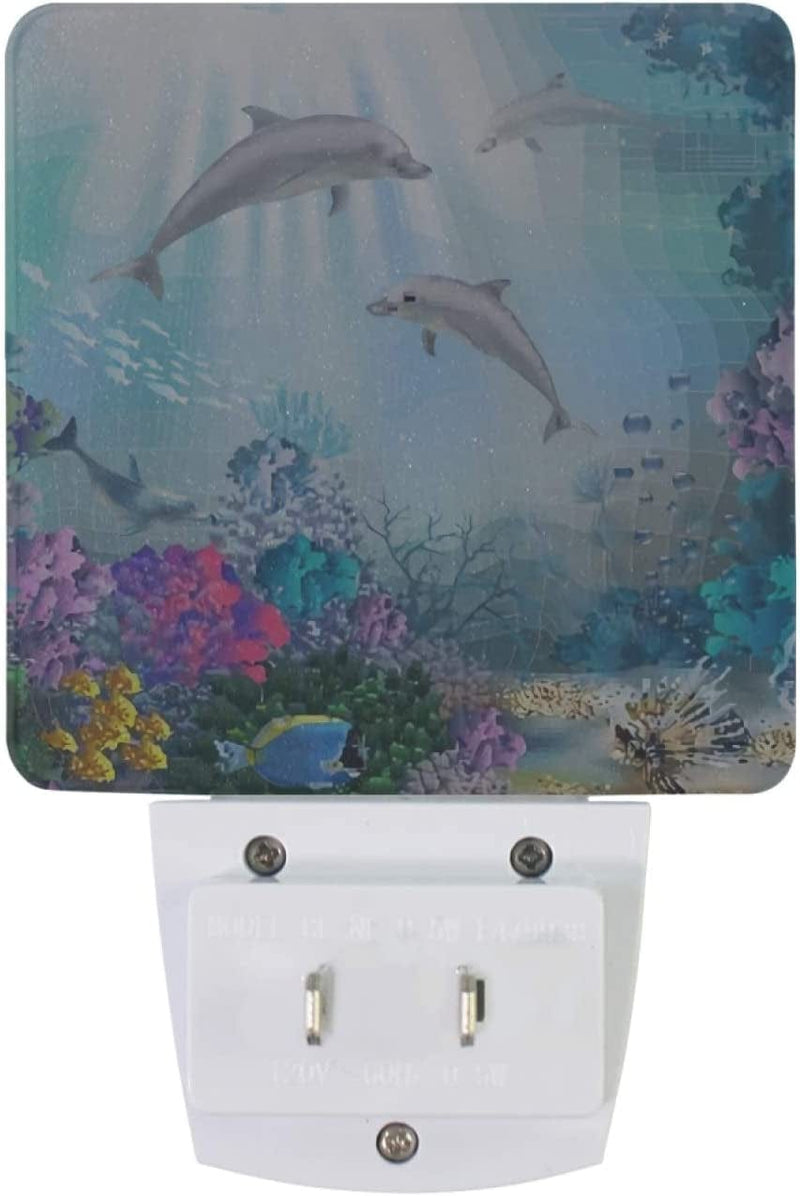 COOLDEER 2 Pieces Underwater World Dolphins Plug-In Night Light, Auto Sensor LED Auto Dusk-To-Dawn Sensor Lamp Nightlights for Bedroom Bathroom Reading Kitchen Hallway Stairs Decorative