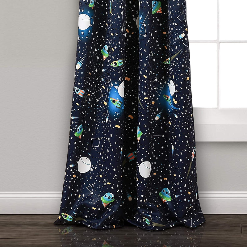 Lush Decor Universe Curtains | Outer Space Stars Galaxy Planet Rocket Pattern Room Darkening Window Panel Set for Living, Dining, Bedroom (Pair), 84” X 52”, Navy, 84" X 52"