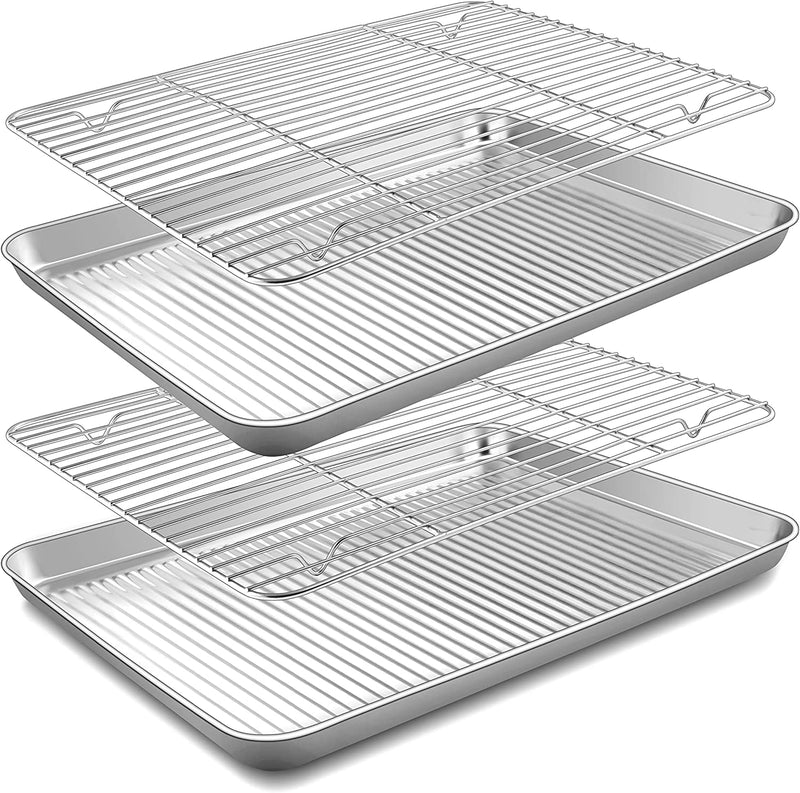 Herogo Stainless Steel Baking Pan Sheet with Cooling Rack Set, 16 X 12 X 1 Inch, Fluted Nonstick Bakeware Cookies Sheet Tray for Oven Baking, Rust Resistant, Dishwasher Safe