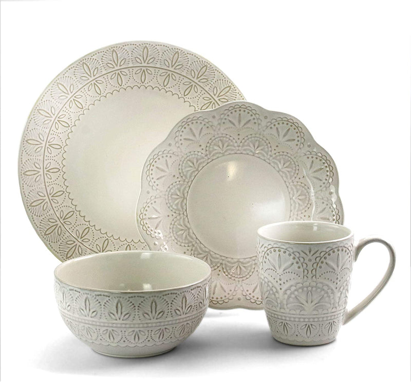Elama Elegant round Embossed Stoneware High Class Dinnerware Dish Set, 16 Piece, White