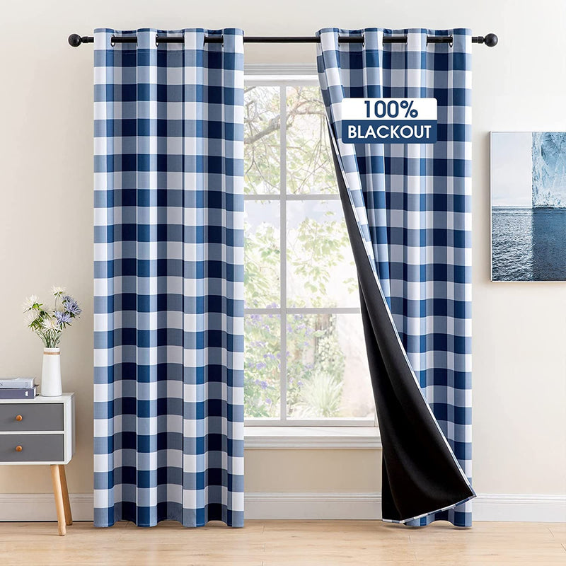 MIULEE Buffalo Plaid Curtains for Farmhouse Bedroom, Blackout Window Drapes with Grommets for Living Room Darkening Light Blocking and Thermal Insulated Set of 2 Panels, W 52" X L 84" Navy and White