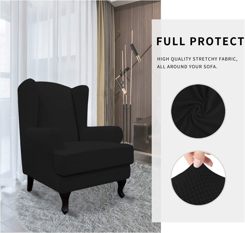 Easy-Going Stretch Wingback Chair Sofa Slipcover 2-Piece Sofa Cover Furniture Protector Couch Soft with Elastic Bottom, Spandex Jacquard Fabric Small Checks, Black