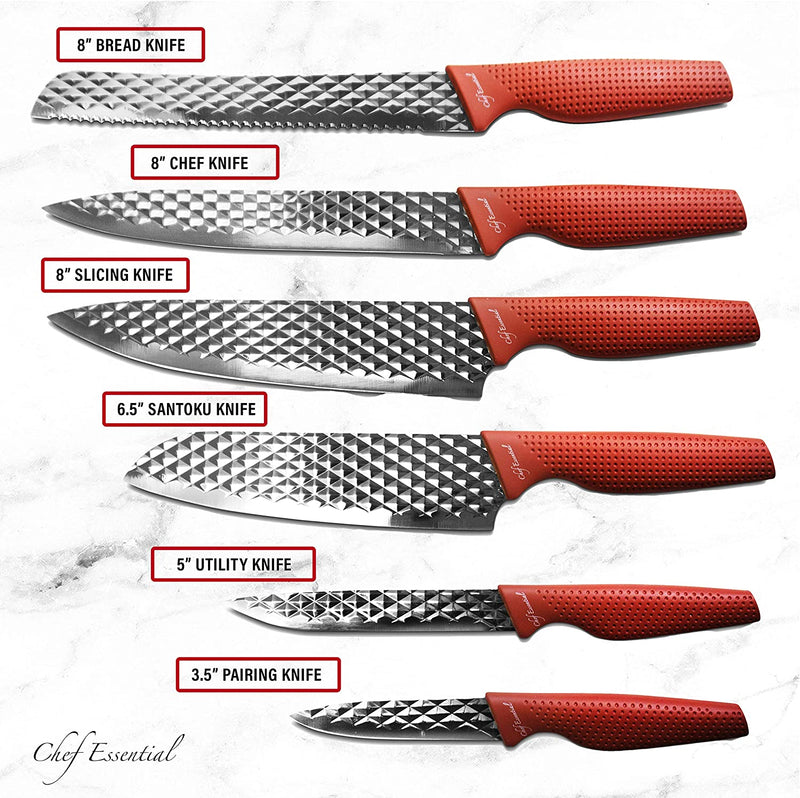Luxury Kitchen Block Set with 6 Stainless Steel Knives, Chef Quality Utensils with Santoku, Paring, Carving, Utility, and Bread Cutlery, Precision Sharp Blades, All-Purpose Use (Red)