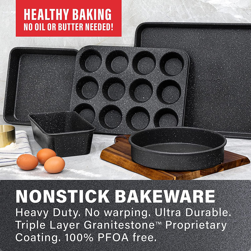 Granitestone Ultra Nonstick Bakeware Set, 5 Piece Dishwasher Safe Baking Pans Set with Muffin Pan, Baking Pan, Loaf Pan, round Baking Tray & Baking Sheet for Oven with Even Heating &No Warp Technology