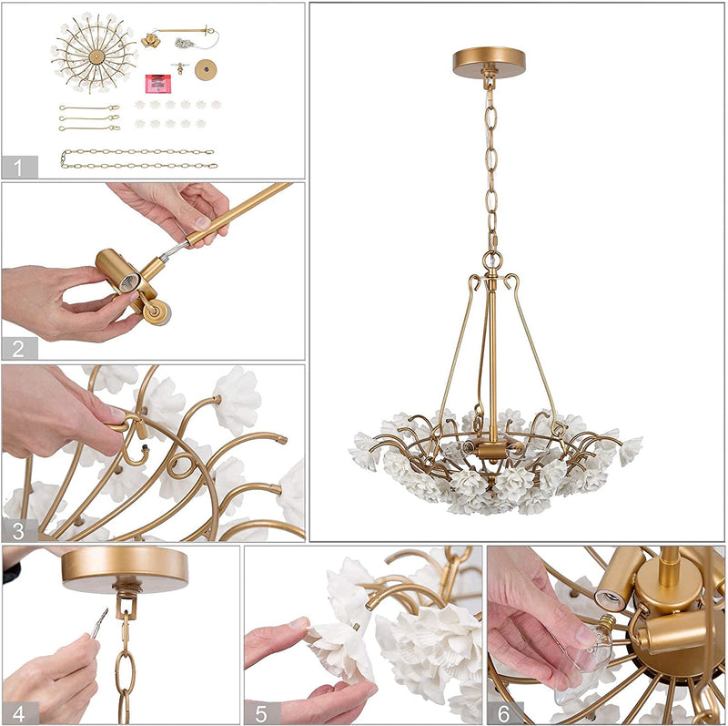 Modern Chandelier Light Fixture, Dia 20” Dining Room Chandelier with Gold Finished Metal Frame and Handmade White Ceramics Flower Shade, 3-Light Hanging Ceiling Light for Dining & Living Room, Bedroom