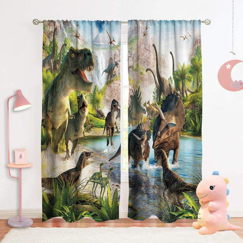Sevendec Dinosaur Curtains for Kids Room Jurassi Anicient Animals Pattern Window Curtain Panels Decor for Bedroom Rod Pocket 2 Panels W42 X L63