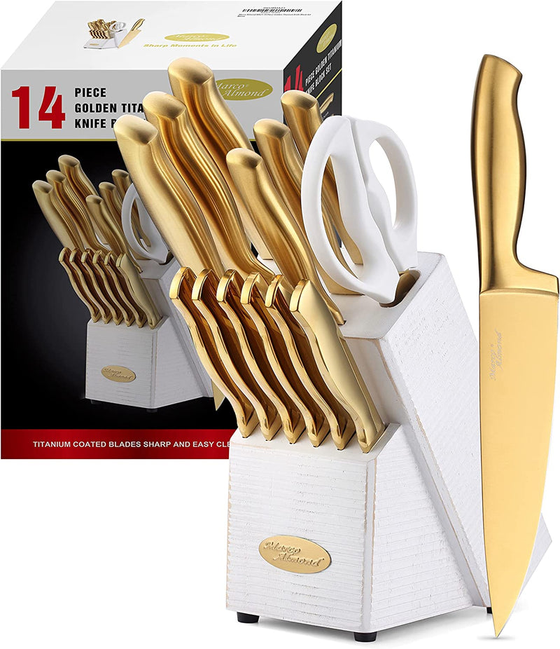 Knife Set-Marco Almond® MA21 Luxury Golden Kitchen Knife Set, Titanium Coated 14 Pieces Stainless Steel Hollow Handle Gold Kitchen Knife Set with Block by White Wash Finish Wood