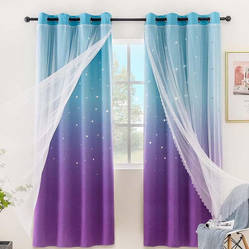 Stiio Kids Blackout Curtains 2 Panels, Star Cutout Ombre Stripe Rainbow Curtains Light Blocking Window Treatment for Girls Bedroom Home Decor, W52 X L63 Inches