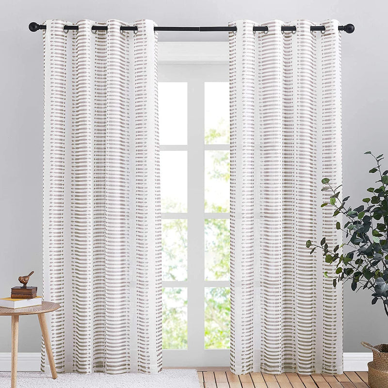 PONY DANCE Sheer Curtains 84 Inches Long - White Voile Panels Grommet Top Casual Design Light Filter Decoration with Stripes Pattern for Living Room, 50 X 84 In, Taupe, Set of 2