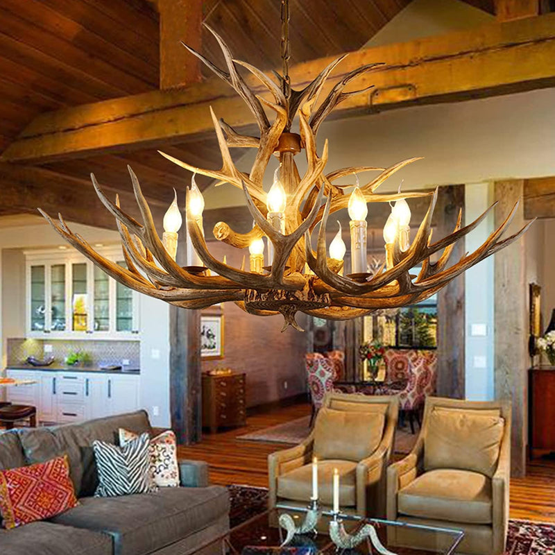 Antler Chandelier, Deer Horn Chandelier 8 Light, Double Layer Retro Farmhouse Antler Light Fixtures with E12 Base for Dining Room Kitchen, Cafe, Store