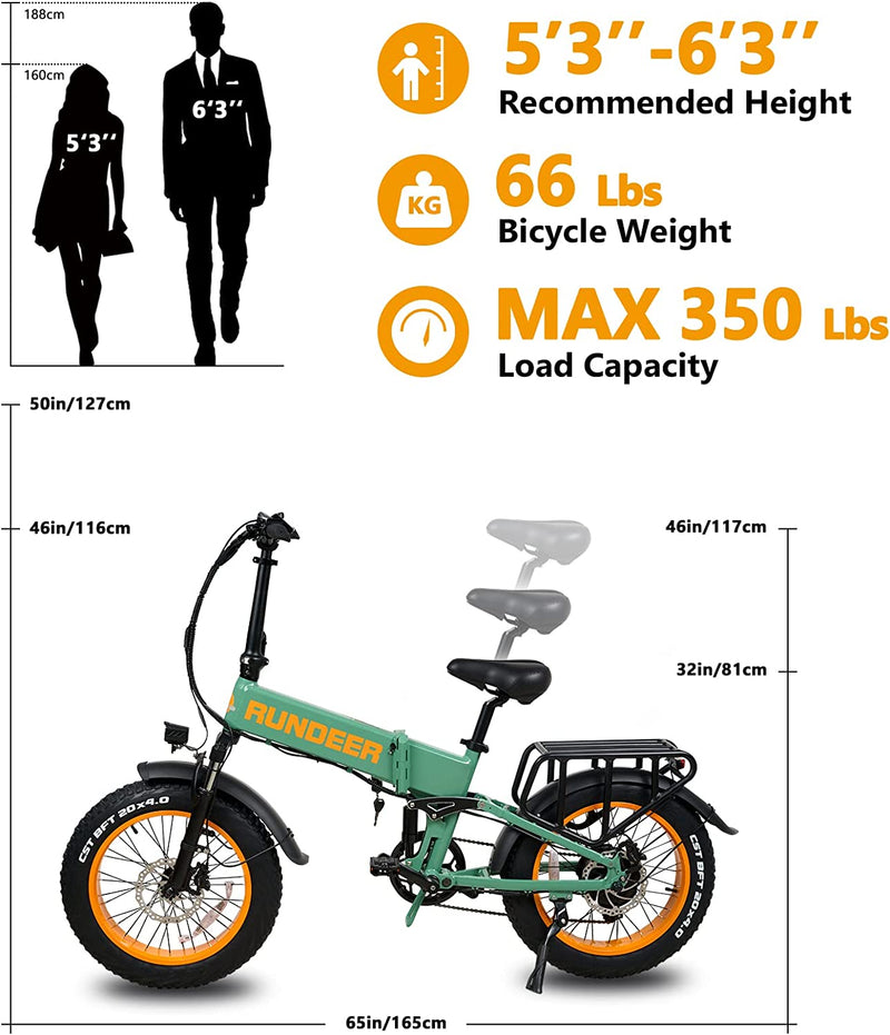 RUNDEER 750W Folding Electric Bike for Adults Electric Bicycle 20" Fat Tire Electric Bikes, Folding Ebike for Adults with Samsung Battery 48V Front and Rear Shocks Absorption