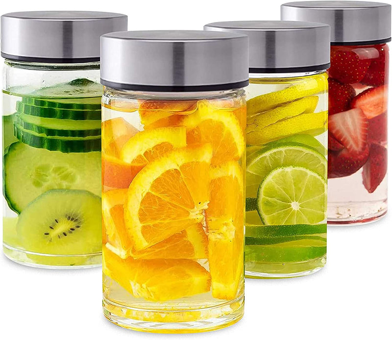 Juice Bottles - 4 Pack Wide Mouth Glass Bottles with Lids - for Juicing, Smoothies, Infused Water, Beverage Storage - 10Oz, BPA Free, Stainless Steel Lids, Leakproof, Reusable, Borosilicate