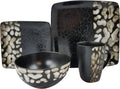 Elama Square Stoneware Pattern Dinnerware Dish Set, 16 Piece, Matte Black and Tan Tile