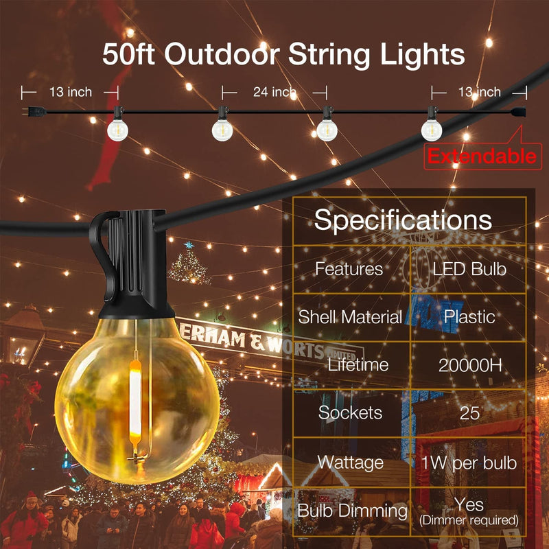 DAYBETTER 50Ft Outdoor String Lights Waterproof, G40 Globe Led Patio Lights with 25 Edison Vintage Bulbs, Connectable Outdoor Lights for Yard Porch Bistro
