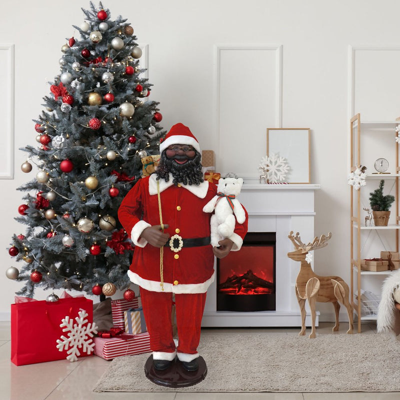 Fraser Hill Farm 58-In. African American Dancing Santa with Toy Sack and Teddy Bear | Indoor Animated Home Holiday Decor | Dancing Christmas Decorations | FSC058-2RD6-AA